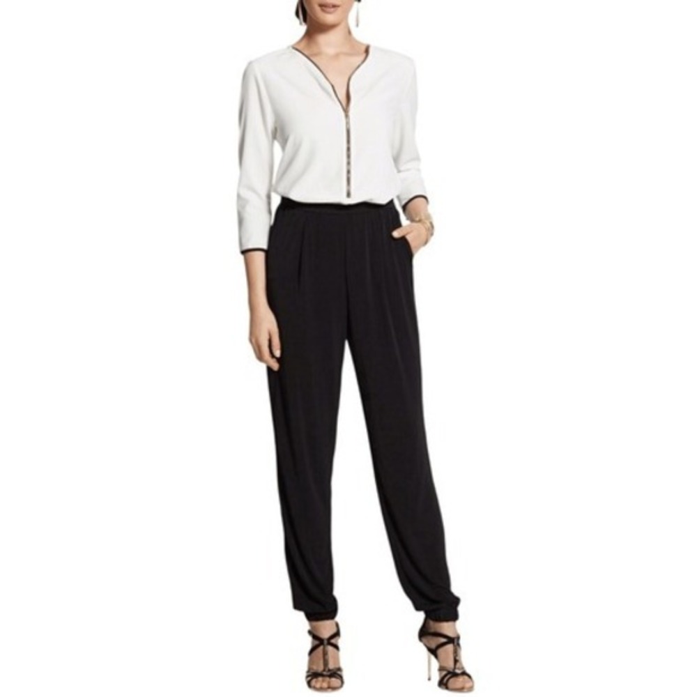 J1 Chicos White Black Zipper Front Jumpsuit Pantsuit Wide Leg Casual‎ Elegant